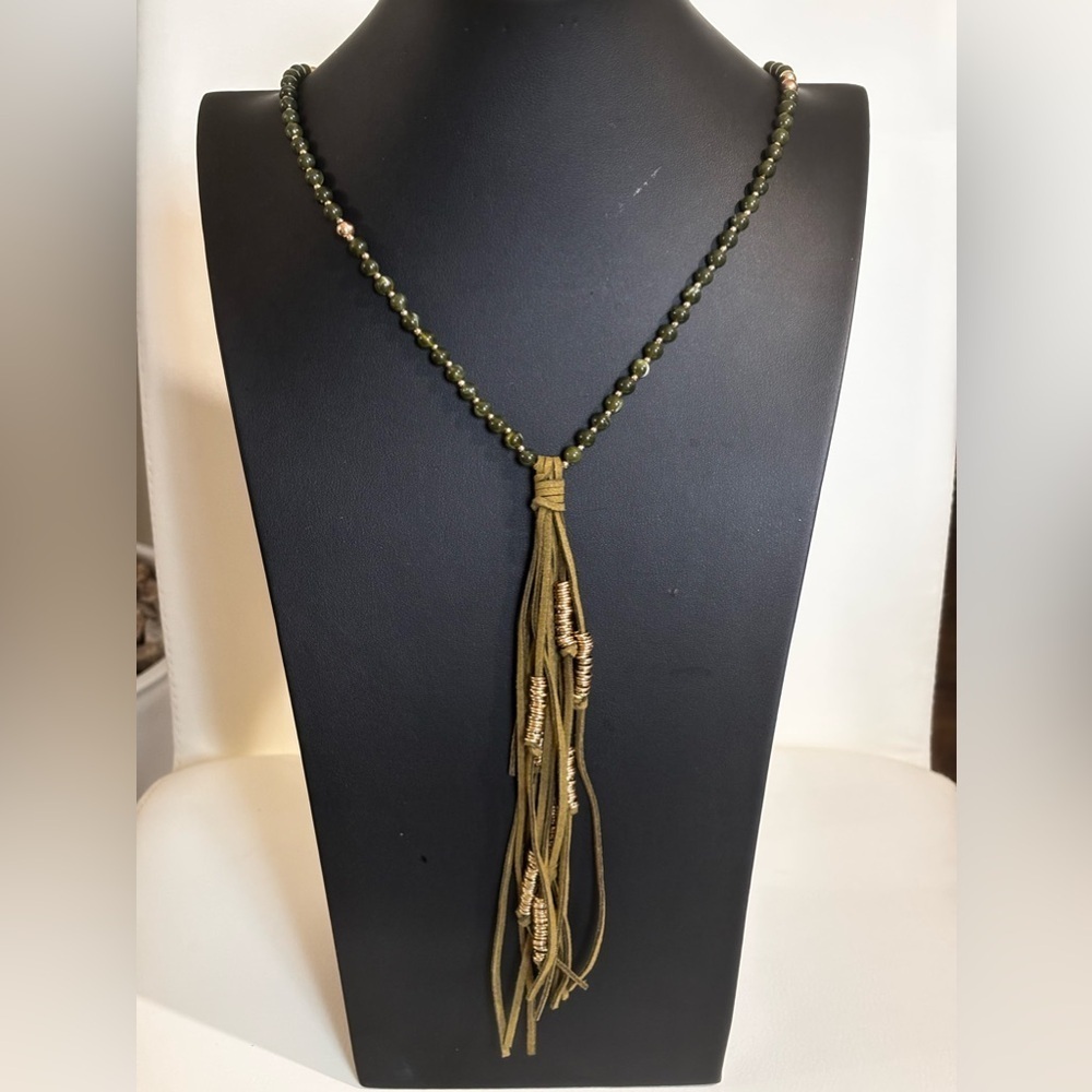Erica Lyons army green and gold long tassel necklace